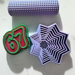 3D printed “67” clicker, spilked roll , 8-side fudge star